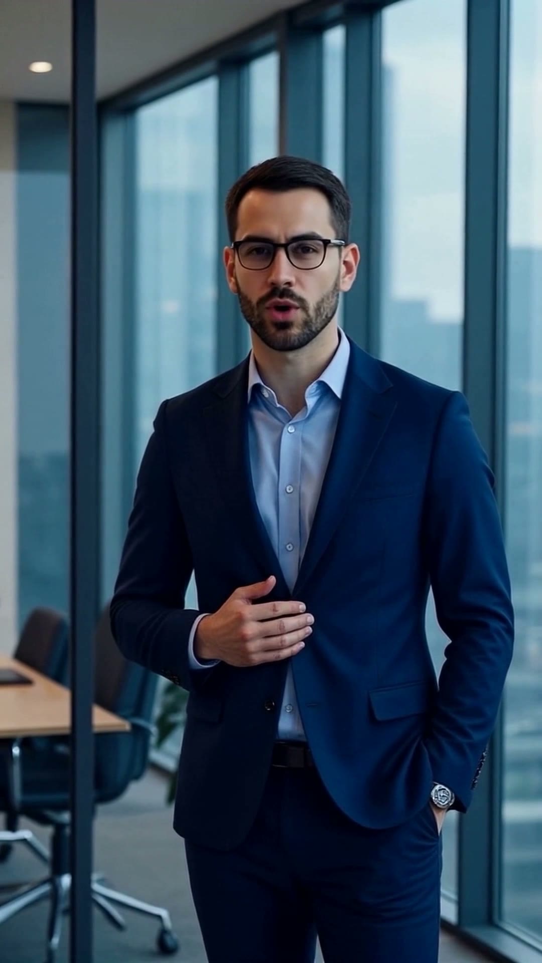 A frame from OMAR — AI Business Explainer at 01:18, the virtual consultant created for Business Wheel