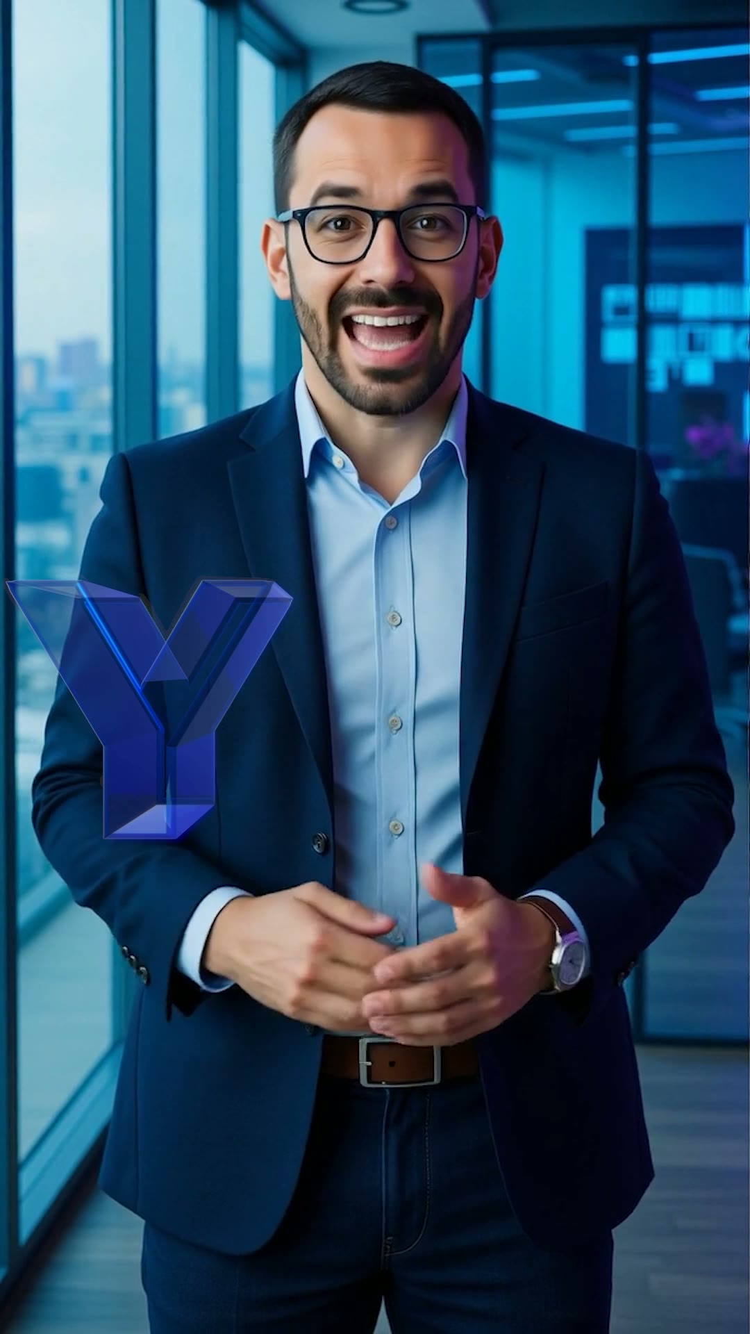 A frame from OMAR — AI Business Explainer at 00:03, the virtual consultant created for Business Wheel