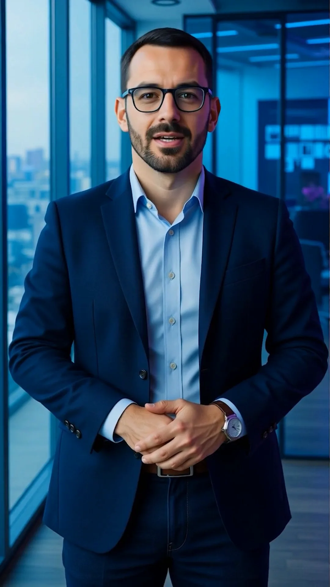 OMAR, the virtual business consultant created for Business Wheel, standing in a glass office