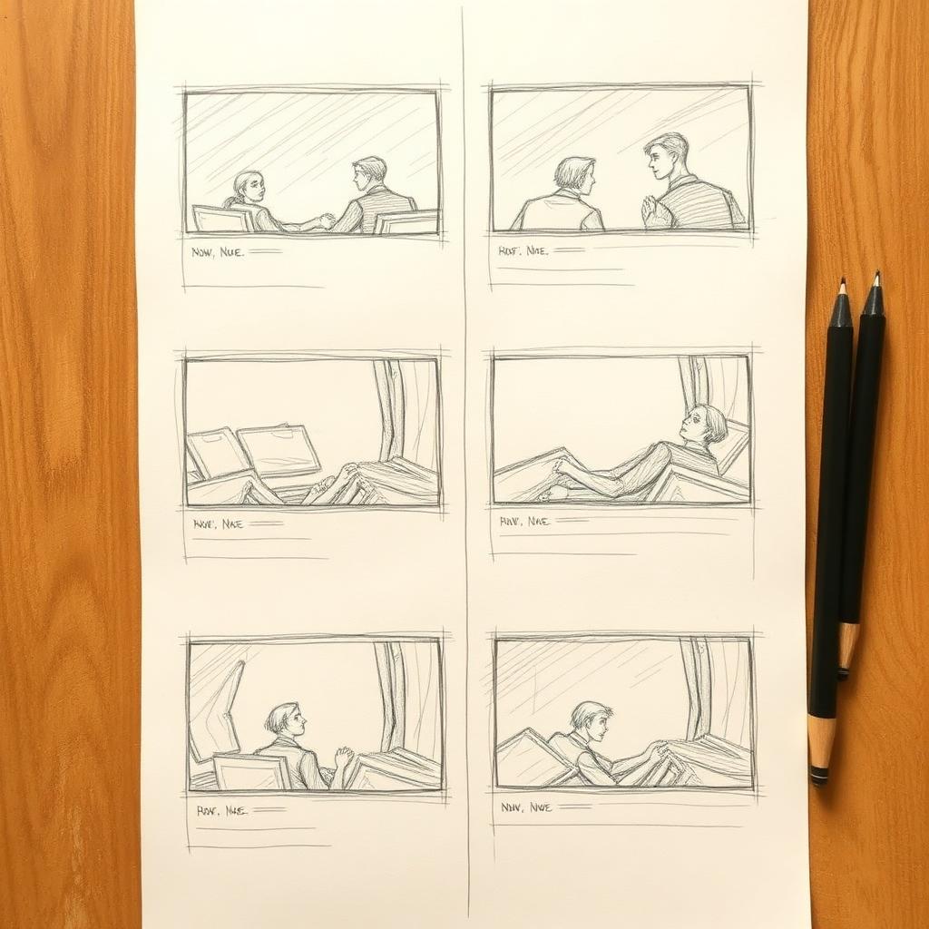 Storyboard panels, two people and one window