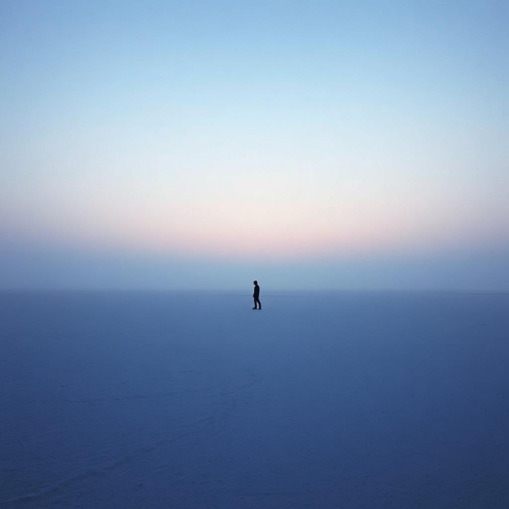 A single figure in a wide empty frame