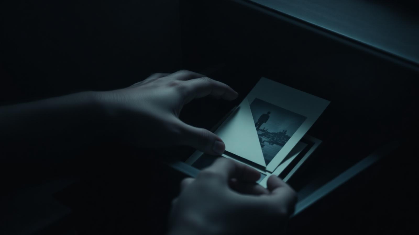 Hands opening a drawer of photographs