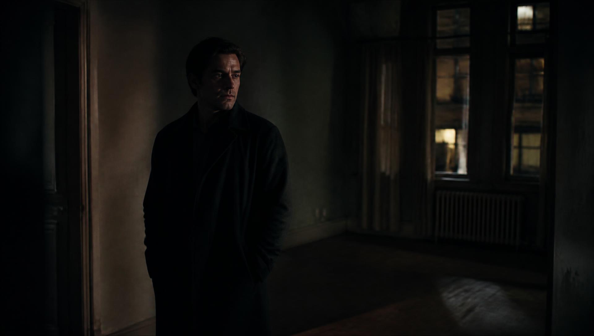 A dim interior frame from the short film WHAT REMAINS